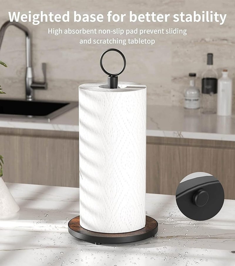 OROPY Paper Towel Holder Countertop with Heavy Duty Wood Base, Farmhouse Paper Towel Roll Stand for Kitchen Counter fits Standard and Jumbo Size Paper Towels (Brown) - Image 3